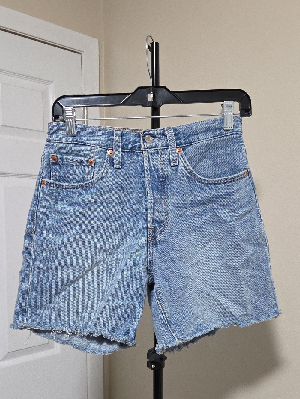 Levi's Light Blue High-Rise Frayed Denim Shorts